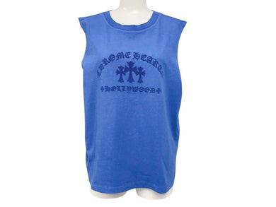 新品未使用 CHROME HEARTS クロムハーツ セメタリークロス タンクトップ ノースリーブ サイズL ブランドロゴ プリント ブルー 中古 4b004816