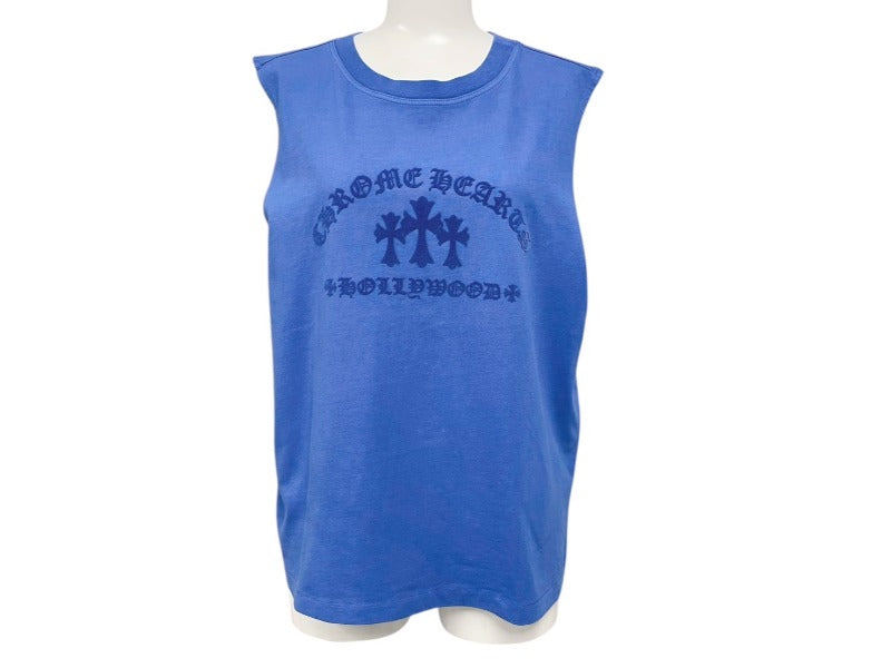 新品未使用 CHROME HEARTS クロムハーツ セメタリークロス タンクトップ ノースリーブ サイズL ブランドロゴ プリント ブルー 中古 4b004816