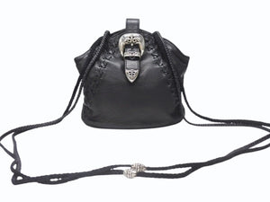 極美品 CHROME HEARTS クロムハーツ 3ピースベルト レザーショルダーバッグ スクロールラベルロゴ ブラック シルバー925 中古 4b004878