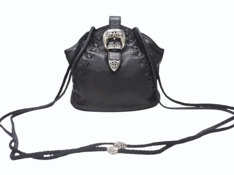 極美品 CHROME HEARTS クロムハーツ 3ピースベルト レザーショルダーバッグ スクロールラベルロゴ ブラック シルバー925 中古 4b004878