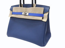 Load image into Gallery viewer, 新品未使用 HERMES エルメス バーキン25 K刻印 ブラック ディープブルー ブルーイドラ エプソン シルバー金具 中古 4b004883