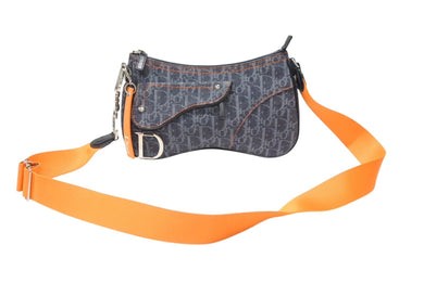 極美品 Christian Dior クリスチャンディオール フライトライン ショルダーバッグ トロッター レザー キャンバス ネイビー オレンジ シルバー金具 中古 4b004892