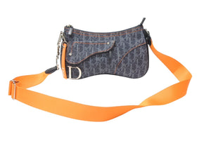 極美品 Christian Dior クリスチャンディオール フライトライン ショルダーバッグ トロッター レザー キャンバス ネイビー オレンジ シルバー金具 中古 4b004892