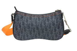 極美品 Christian Dior クリスチャンディオール フライトライン ショルダーバッグ トロッター レザー キャンバス ネイビー オレンジ シルバー金具 中古 4b004892