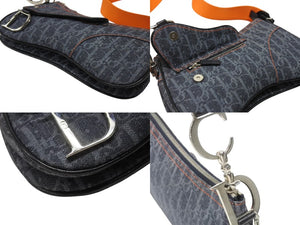 極美品 Christian Dior クリスチャンディオール フライトライン ショルダーバッグ トロッター レザー キャンバス ネイビー オレンジ シルバー金具 中古 4b004892