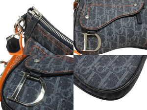 極美品 Christian Dior クリスチャンディオール フライトライン ショルダーバッグ トロッター レザー キャンバス ネイビー オレンジ シルバー金具 中古 4b004892