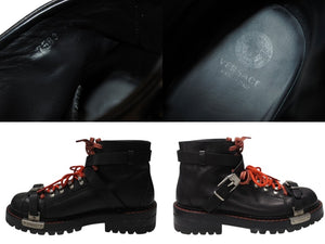 VERSACE ヴェルサーチ ハイカットブーツ ロゴ金具ベルト 赤ステッチ レザー金具 サイズ44 美品 中古 4b004913 