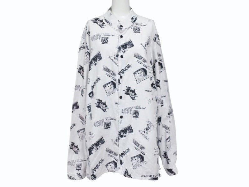 AMBUSH アンブッシュ 長袖シャツ 総柄プリント JAPAN製 コットン ホワイト ブラック サイズ2 美品 中古 4b004923