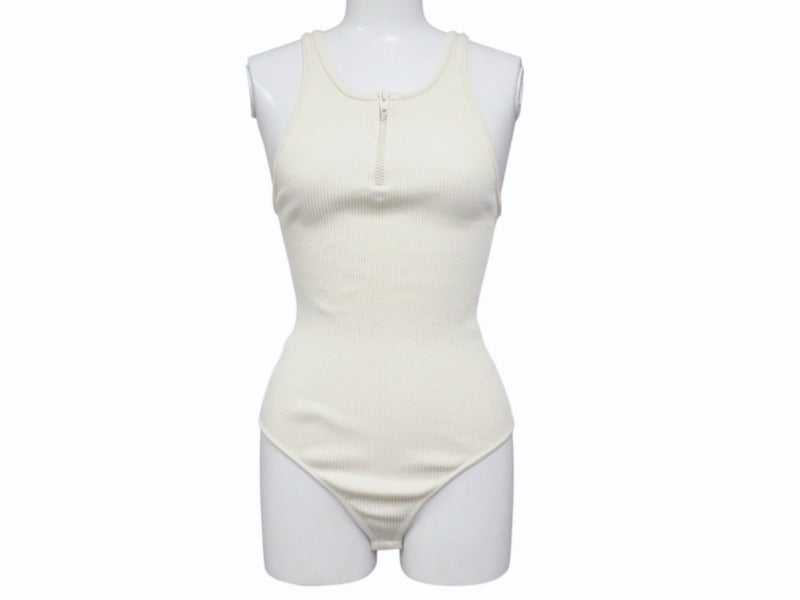 CELINE Bodysuit Top 2A08V372N Half-Zip Side Logo Cotton Rib Ivory Excellent Condition Pre-Owned 4b004935 