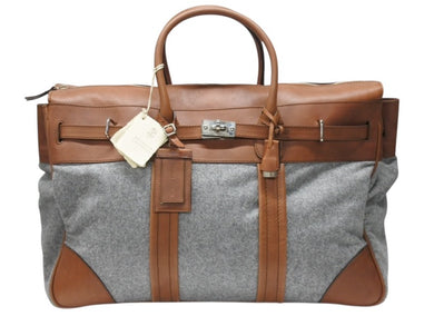Brunello Cucinelli ブルネロクチネリ カントリーバッグ ビジネスバッグ レザー ウール ブラウン グレー シルバー金具 美品 中古 4b004968