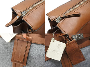 Brunello Cucinelli ブルネロクチネリ カントリーバッグ ビジネスバッグ レザー ウール ブラウン グレー シルバー金具 美品 中古 4b004968