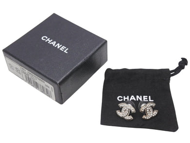 極美品 CHANEL シャネル ココマーク ピアス 両耳 アクセサリー A12V刻印 3.6g メタル ラインストーン シルバー 中古 4b005027
