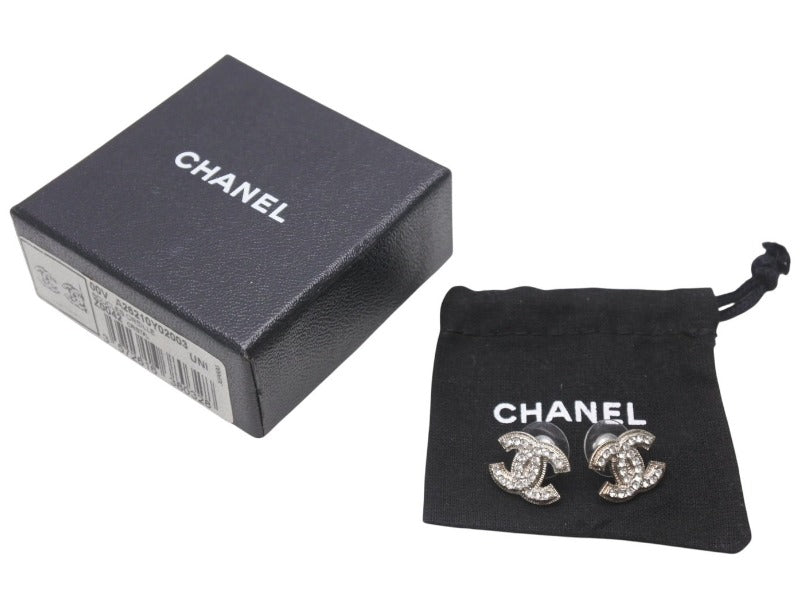 極美品 CHANEL シャネル ココマーク ピアス 両耳 アクセサリー A12V刻印 3.6g メタル ラインストーン シルバー 中古 4b005027