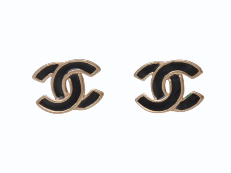 極美品 CHANEL シャネル ココマーク ピアス 両耳 アクセサリー 02A刻印 4.1g GP ブラック ゴールドフレーム 中古 4b005033