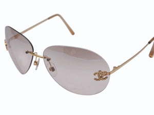 極美品 CHANEL シャネル リムレス ココマーク サングラス メガネ 4108-B GP ラインストーン ブラウン ゴールド金具 中古 4b005036