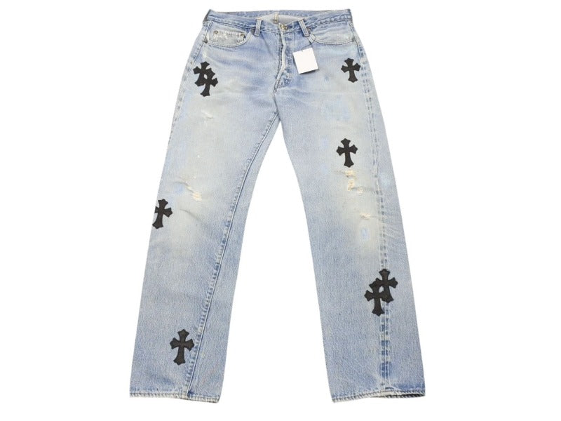 新品未使用 CHROME HEARTS クロムハーツ クロスパッチ デニム パンツ リーバイス LEVI`S 501 オーダー サイズ31 ブルー 中古 4b005058