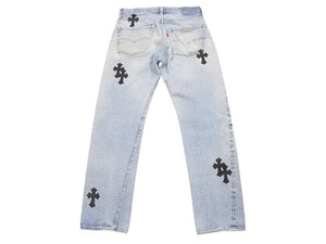 新品未使用 CHROME HEARTS クロムハーツ クロスパッチ デニム パンツ リーバイス LEVI`S 501 オーダー サイズ31 ブルー 中古 4b005058