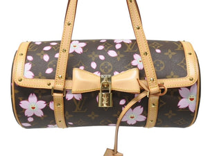 新品同様 LOUIS VUITTON ルイヴィトン パピヨン ハンドバッグ M92009 モノグラム チェリーブロッサム ブラウン ピンク 村上隆 中古 4b005066