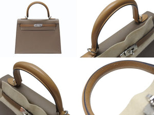 未使用 HERMES エルメス KELLY ケリートリコロール25 外縫い 2WAYハンドバッグ ヴォーエプソン トープ アルザン ビスキュイ シルバー金具 U刻印 中古 4b005109