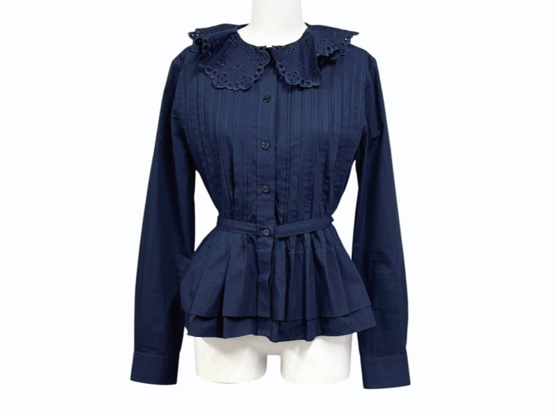 極美品 LOUIS VUITTON ルイヴィトン 長袖シャツ RW221J サイズ36 プリーツ パンチング モノグラム ネイビー 中古 4b005114