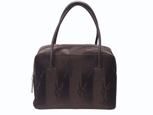 YVES SAINT LAURENT イヴサンローラン オールド ハンドバッグ 総ロゴ柄 ナイロン ブラック ブラウン シルバー金具 美品 中古 4b005132