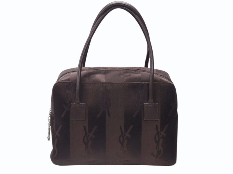 YVES SAINT LAURENT イヴサンローラン オールド ハンドバッグ 総ロゴ柄 ナイロン ブラック ブラウン シルバー金具 美品 中古 4b005132
