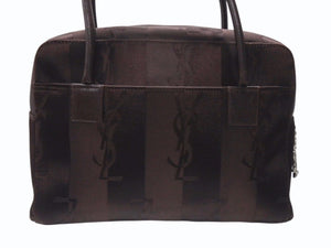 YVES SAINT LAURENT イヴサンローラン オールド ハンドバッグ 総ロゴ柄 ナイロン ブラック ブラウン シルバー金具 美品 中古 4b005132