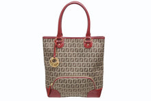 画像をギャラリービューアに読み込む, FENDI フェンディ ズッキーノ トートバッグ ハンドバッグ 8BH139 レザー キャンバス ベージュ レッド ゴールド金具 美品 中古 4b005139