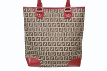 画像をギャラリービューアに読み込む, FENDI フェンディ ズッキーノ トートバッグ ハンドバッグ 8BH139 レザー キャンバス ベージュ レッド ゴールド金具 美品 中古 4b005139