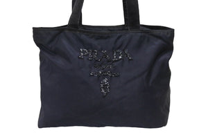 PRADA プラダ トートバッグ ハンドバッグ ロゴ スパンコール イタリア製 ナイロン ネイビー 良品 中古 4b005149