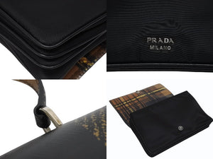PRADA プラダ ハンドバッグ 1BA016 トップハンドル レザー ブラック ブラウン チェック柄 シルバー金具 美品 中古 4b005176