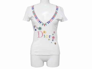 極美品 Christian Dior クリスチャンディオール Vネック半袖Tシャツ 5E16155952 サイズ36 ミラー フラワー 刺繍 ガリアーノ期 中古 4b005201