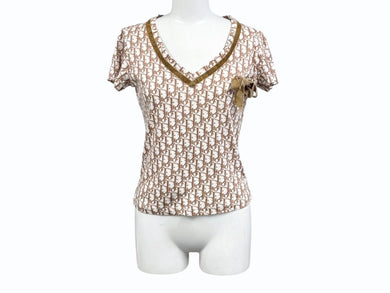 極美品 Christian Dior クリスチャンディオール 半袖VネックTシャツ 5P12044610 サイズ38 トロッター リボン ガリアーノ期 中古 4b005236