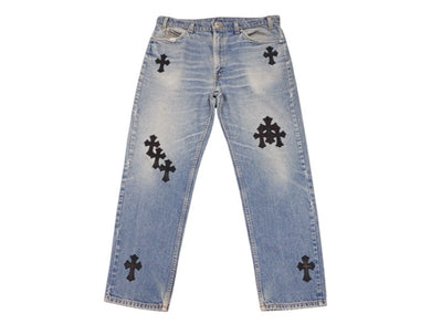 新品未使用 CHROME HEARTS クロムハーツ × LEVI'S リーバイス セメタリークロスパッチ デニムパンツ ジーンズ サイズ36 ブルー 中古 4b005237