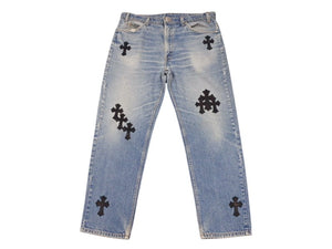 新品未使用 CHROME HEARTS クロムハーツ × LEVI'S リーバイス セメタリークロスパッチ デニムパンツ ジーンズ サイズ36 ブルー 中古 4b005237