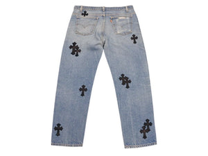 新品未使用 CHROME HEARTS クロムハーツ × LEVI'S リーバイス セメタリークロスパッチ デニムパンツ ジーンズ サイズ36 ブルー 中古 4b005237