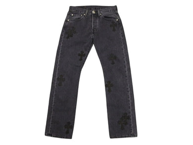 極美品 CHROME HEARTS クロムハーツ × LEVI'S リーバイス セメタリークロスパッチ デニムパンツ ジーンズ サイズ28 ブラック 20パッチ 中古 4b005238