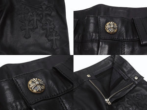 新品未使用 CHROME HEARTS クロムハーツ キッズ フレアニーレザーパンツ サイズ10Y セメタリークロスパッチ ブラック 中古 4b005240