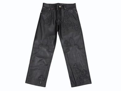 新品未使用 CHROME HEARTS クロムハーツ キッズ フレアニーレザーパンツ サイズ10Y セメタリークロスパッチ ブラック 中古 4b005240