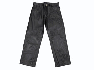 新品未使用 CHROME HEARTS クロムハーツ キッズ フレアニーレザーパンツ サイズ10Y セメタリークロスパッチ ブラック 中古 4b005240