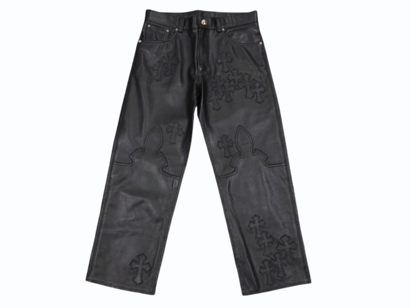 新品未使用 CHROME HEARTS クロムハーツ キッズ フレアニーレザーパンツ サイズ10Y セメタリークロスパッチ ブラック 中古 4b005240