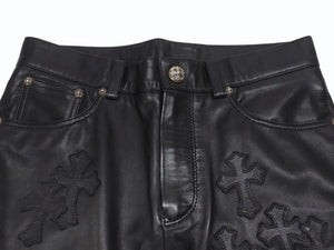 新品未使用 CHROME HEARTS クロムハーツ キッズ フレアニーレザーパンツ サイズ10Y セメタリークロスパッチ ブラック 中古 4b005240