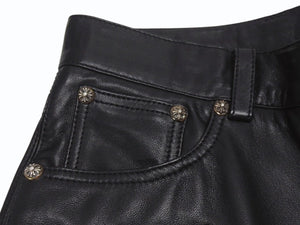 新品未使用 CHROME HEARTS クロムハーツ キッズ フレアニーレザーパンツ サイズ10Y セメタリークロスパッチ ブラック 中古 4b005240