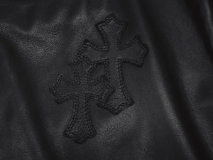 新品未使用 CHROME HEARTS クロムハーツ キッズ フレアニーレザーパンツ サイズ10Y セメタリークロスパッチ ブラック 中古 4b005240