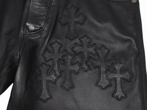 新品未使用 CHROME HEARTS クロムハーツ キッズ フレアニーレザーパンツ サイズ10Y セメタリークロスパッチ ブラック 中古 4b005240