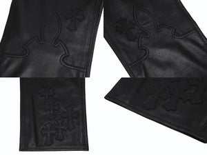新品未使用 CHROME HEARTS クロムハーツ キッズ フレアニーレザーパンツ サイズ10Y セメタリークロスパッチ ブラック 中古 4b005240