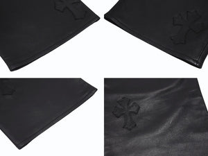 新品未使用 CHROME HEARTS クロムハーツ キッズ フレアニーレザーパンツ サイズ10Y セメタリークロスパッチ ブラック 中古 4b005240