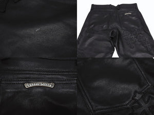 新品未使用 CHROME HEARTS クロムハーツ キッズ フレアニーレザーパンツ サイズ10Y セメタリークロスパッチ ブラック 中古 4b005240
