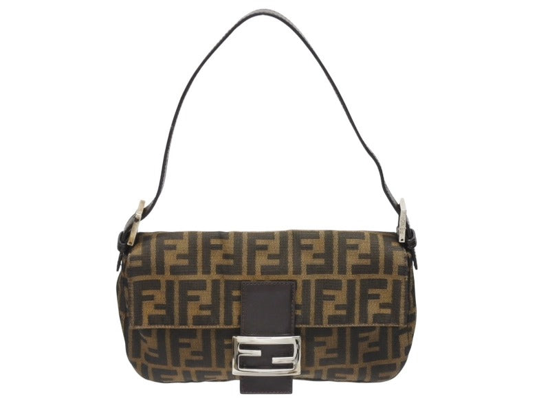 極美品 FENDI フェンディ ハンドバッグ ズッカ柄 マンマバケット ブラウン キャンバス レザー 26424 シルバー金具 中古 4b005252