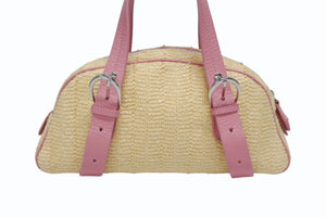 極美品 Dior ディオール ガリアーノ期 限定品 希少 ハンドバッグ ミニボストンバッグ 刺繍 ビジュー ベージュ 藁 レザー 中古 4b005253